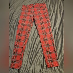 Red plaid skinny jeans